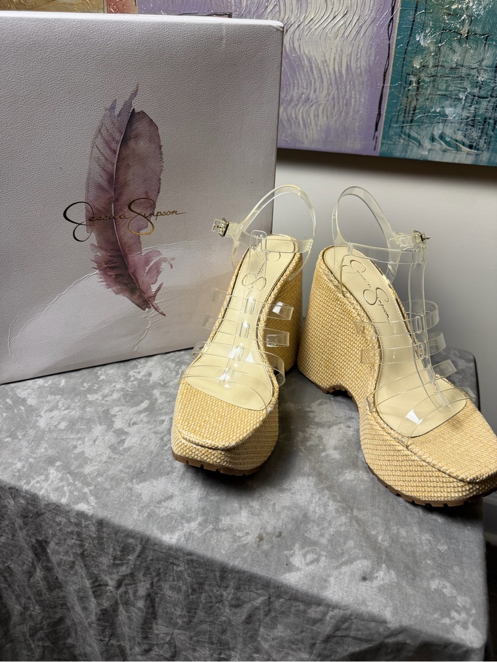 Brand New Jessica Simpson Clear Strap Wedge Sandals in Natural Size 10 - Picture 9 of 16